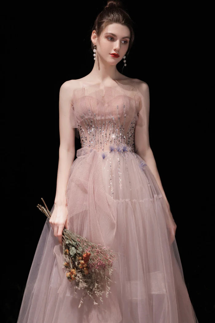 Pink Strapless Tulle Long Prom Dress with Beaded, Lovely Evening Party Dress